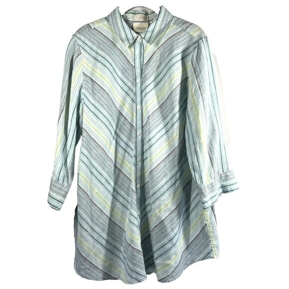 Chico's Women's Tunic Blouse Size Large Linen Blue Green Stripe 100% No Iron 3/4 - Picture 1 of 8